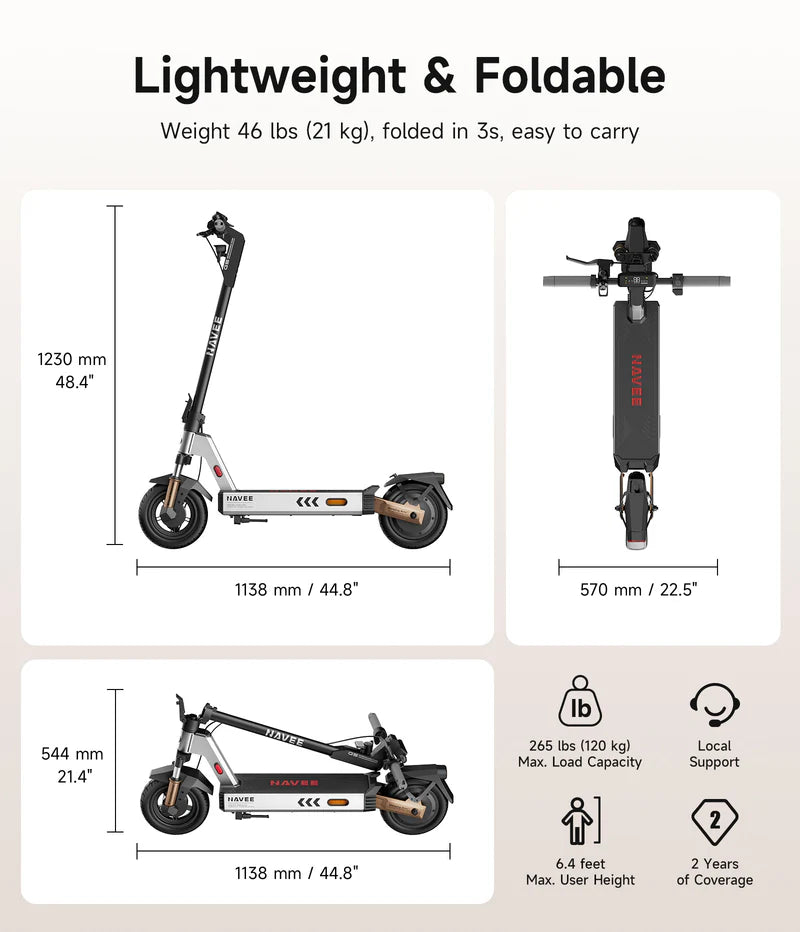 Foldable electric scooter with dimensions and weight information on a beige background