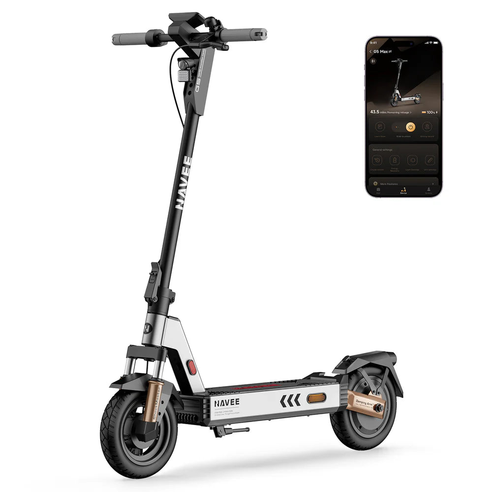 Electric scooter with smartphone displaying app interface on a white background