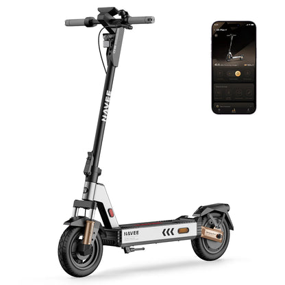 Electric scooter with smartphone displaying app interface on a white background