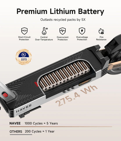 Premium lithium battery with protective features and specifications on a white background