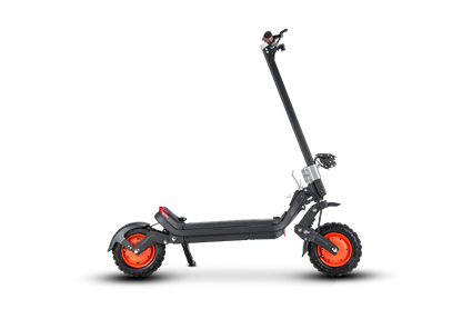 Riding’times G63 dual motor electric scooter studio side view in black with orange rims