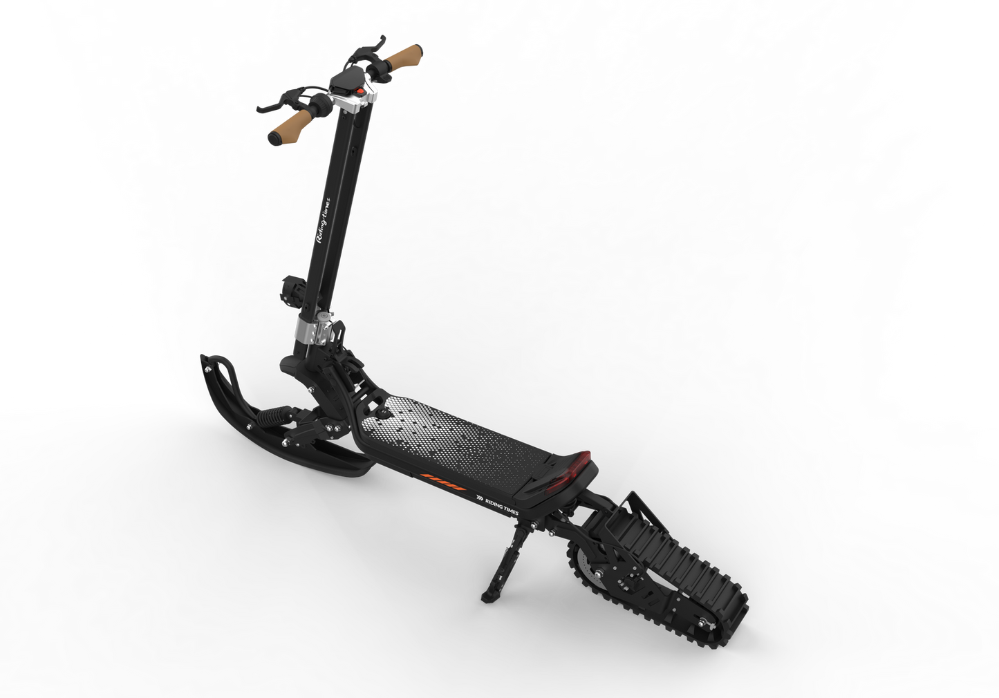 Riding’times G63 Convertible electric scooter with ski kit, studio view from the front quarter