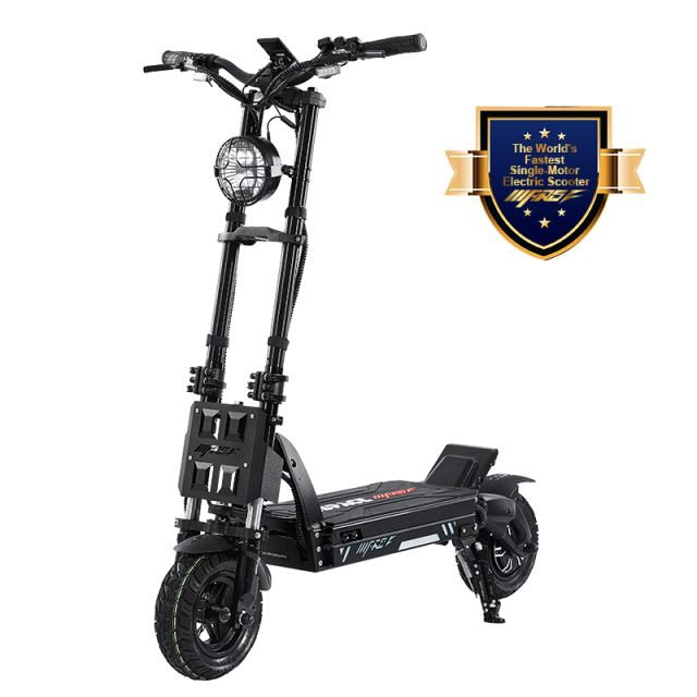 Black electric scooter with a badge on a white background