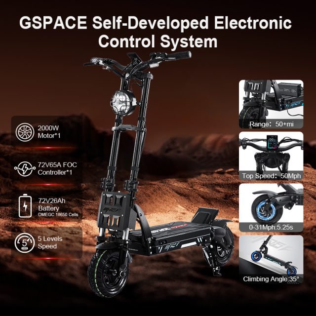 Electric scooter with GSPACE self-developed electronic control system features on a desert background