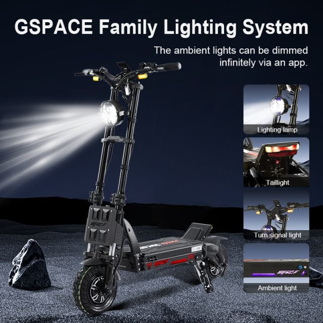 Electric scooter with GSPACE Family Lighting System features on a dark background