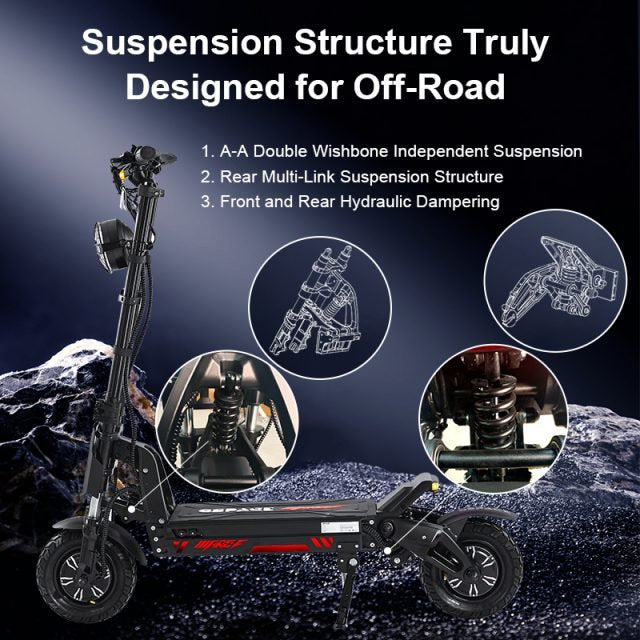 Electric scooter with suspension structure details on a mountainous background