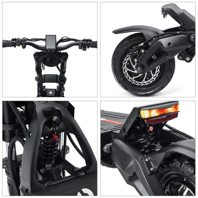 Close-up details of a black electric bike including handlebars, wheel, suspension fork, and rear light.