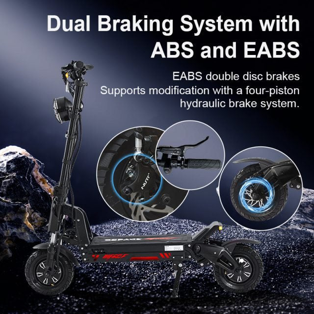 Electric scooter with dual braking system featuring ABS and EABS on a dark background.