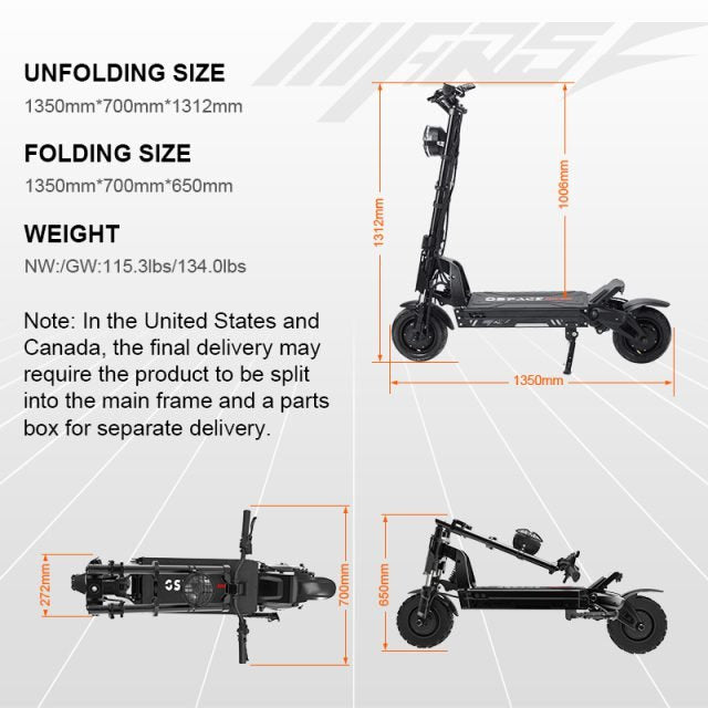 E-scooter dimensions and specifications on a white background
