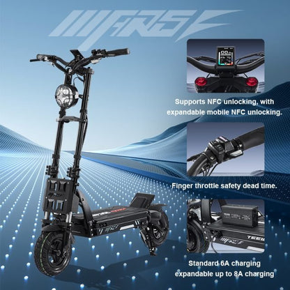 Electric scooter with features highlighted on a blue background