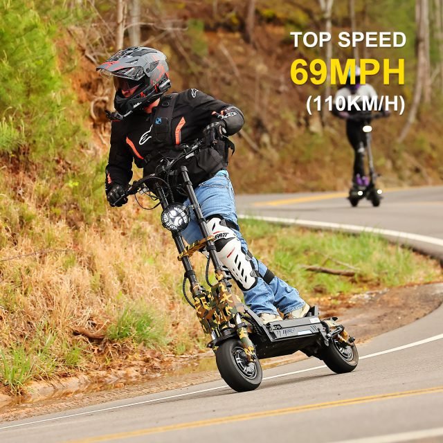 Person riding a scooter on a road with text indicating top speed.