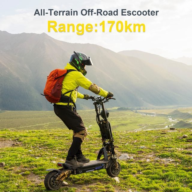 Person riding an all-terrain off-road escooter in a mountainous landscape with text indicating range.