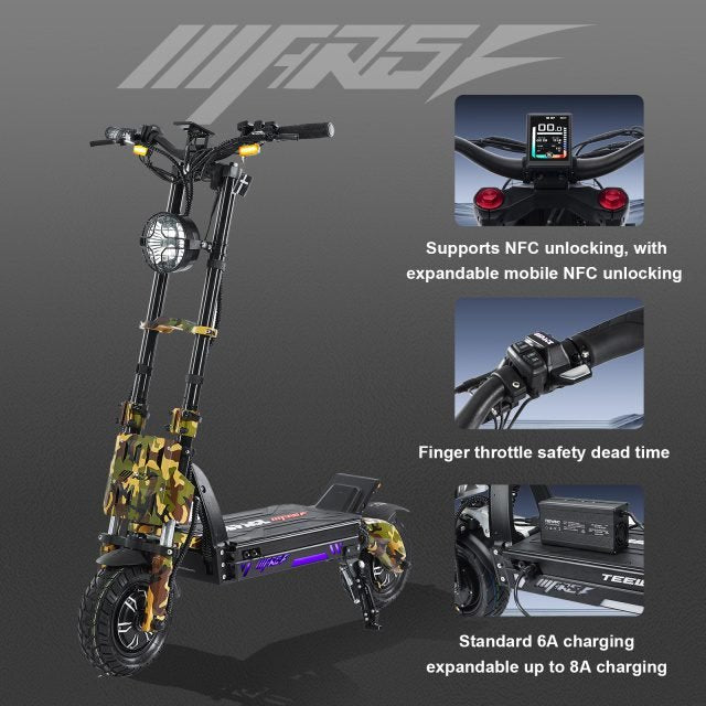 Electric scooter with features highlighted on a gray background