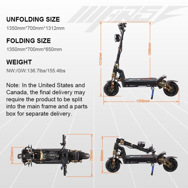 E-scooter dimensions and specifications on a white background