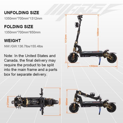 E-scooter dimensions and specifications on a white background