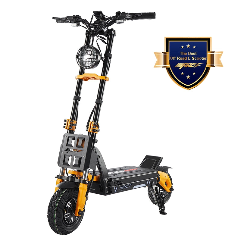 Black and orange off-road electric scooter with a brand badge on a white background