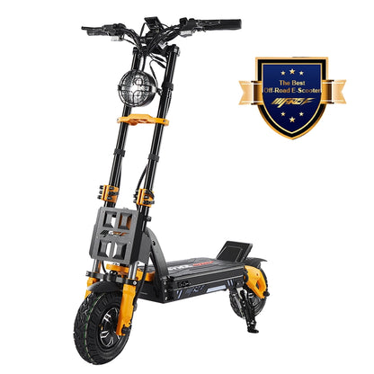 Black and orange off-road electric scooter with a brand badge on a white background