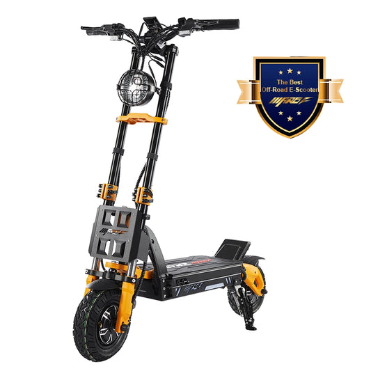 Black and orange off-road electric scooter with a brand badge on a white background