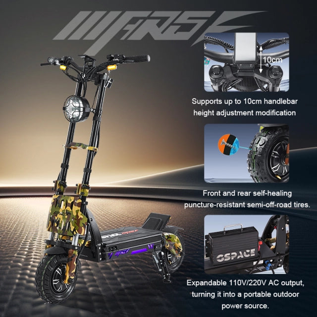 Electric scooter with features highlighted on a dark background