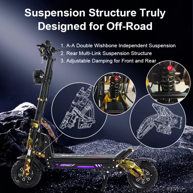 Electric scooter with suspension structure features on a mountainous background