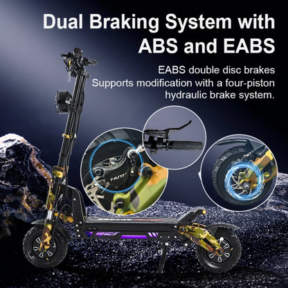 Electric scooter with dual braking system featuring ABS and EABS on a dark background.