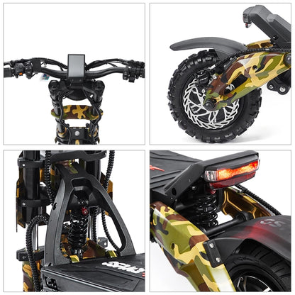 Collage of close-up details of a camouflage-patterned electric scooter.