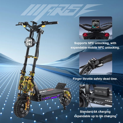 Electric scooter with features highlighted on a blue background