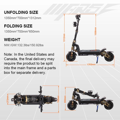 E-scooter dimensions and specifications on a white background