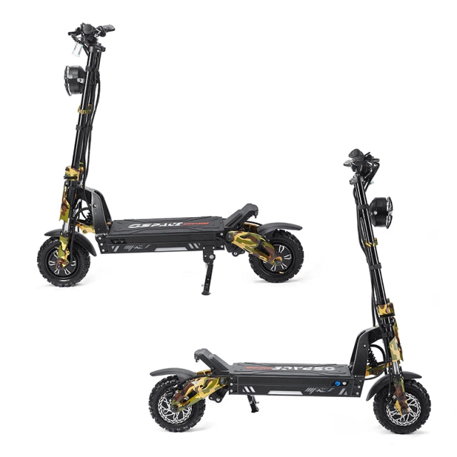 Two black electric scooters with gold accents on a white background