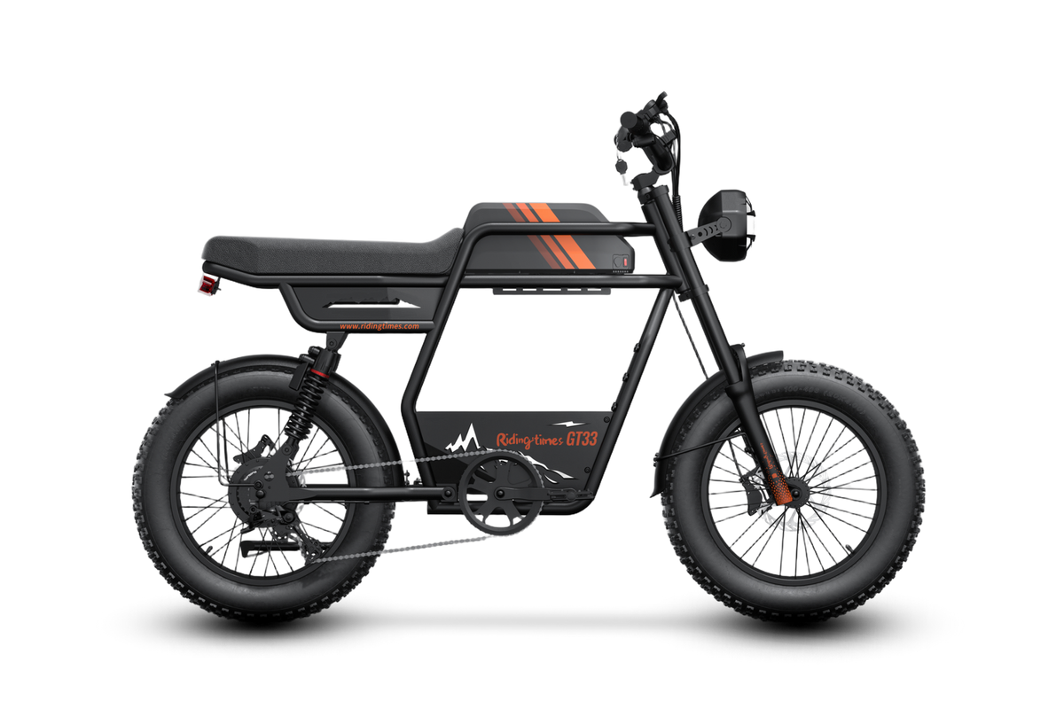 Riding’times GT33 cargo electric bike studio side view in black with orange stripes