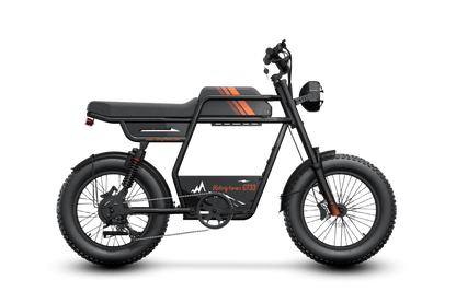Riding’times GT33 cargo electric bike studio side view in black with orange stripes