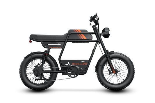 Riding’times GT33 cargo electric bike studio side view in black with orange stripes