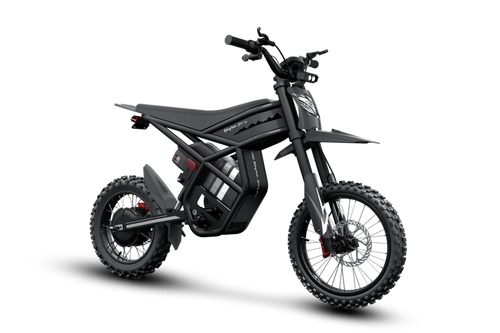Riding’times GT54 Pro electric mini motorbike studio side view in black with orange accents