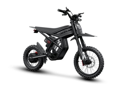 Riding’times GT54 Pro electric mini motorbike studio side view in black with orange accents