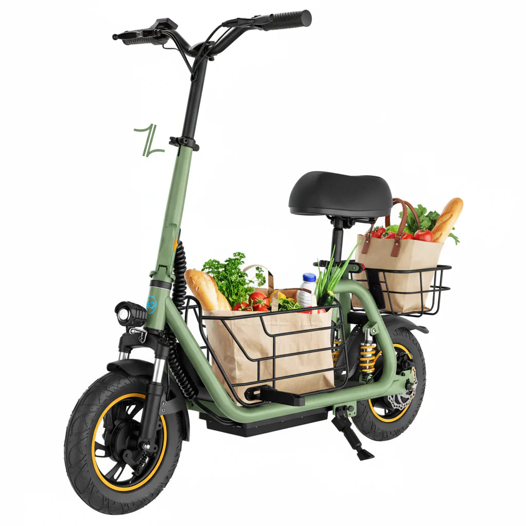 Green electric bike with cargo baskets filled with groceries on a white background