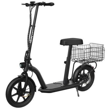 Black electric scooter with a basket on a white background