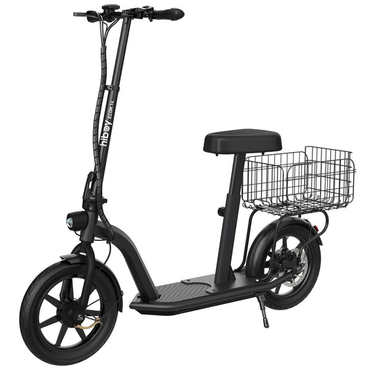 Black electric scooter with a basket on a white background