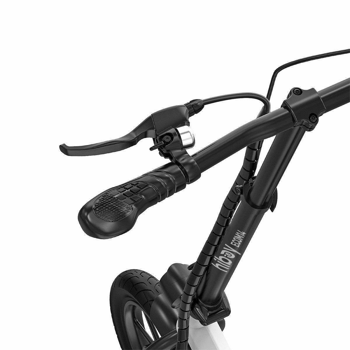 Close-up of a black scooter handlebar with visible branding on a white background