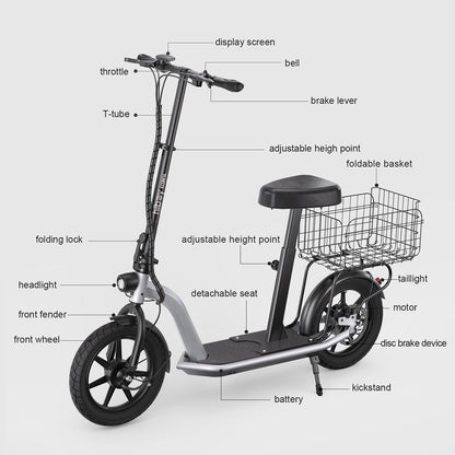 Diagram of an electric scooter with labeled parts on a white background