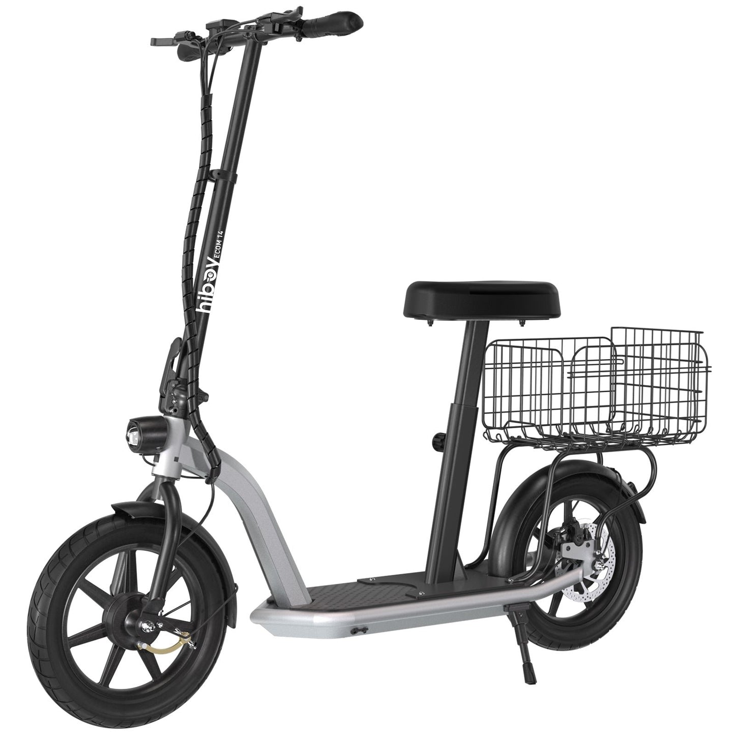 Electric scooter with a basket on a white background