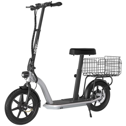 Electric scooter with a basket on a white background
