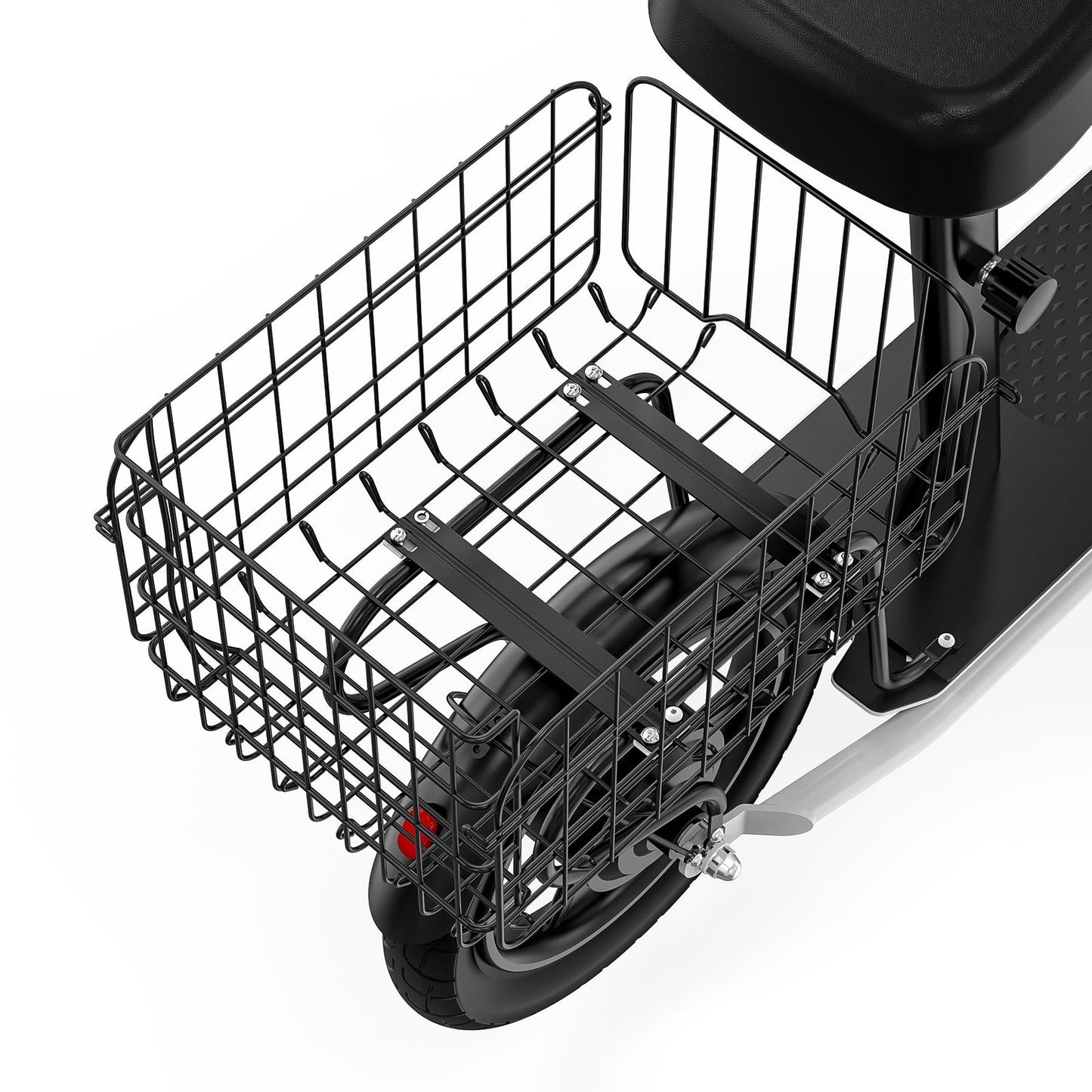Black metal bike basket attached to a bicycle seat on a white background