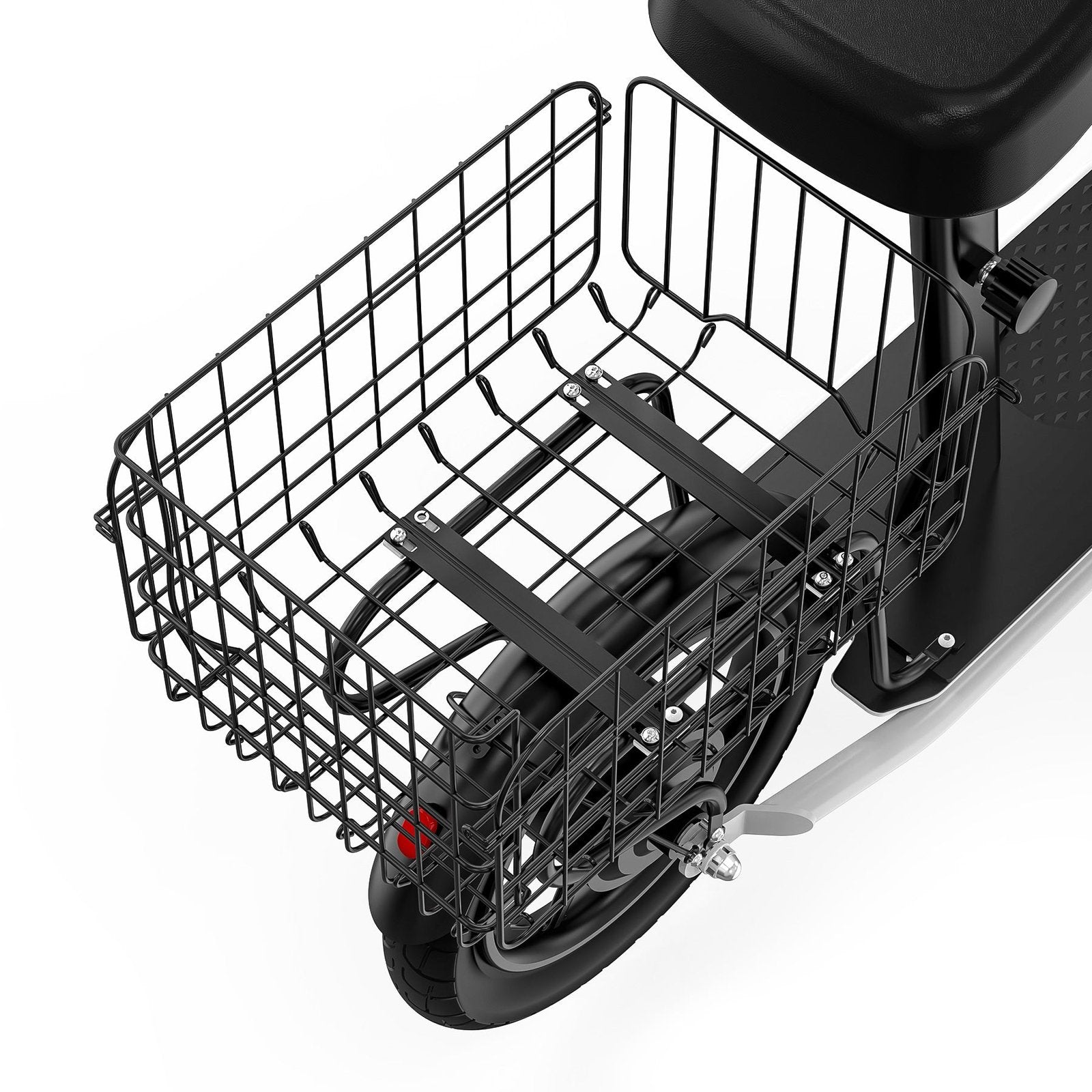 Black metal bike basket attached to a bicycle seat on a white background