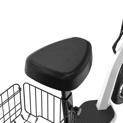 Black scooter seat with a white scooter body on a white background