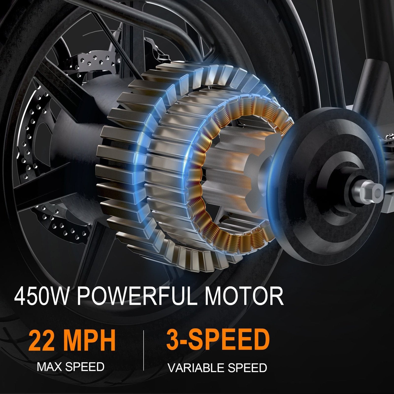 Motorcycle gear system with 450W powerful motor and speed specifications on a dark background