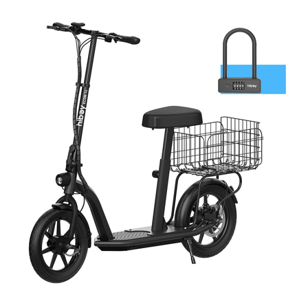 Black electric scooter with basket and lock on a white background