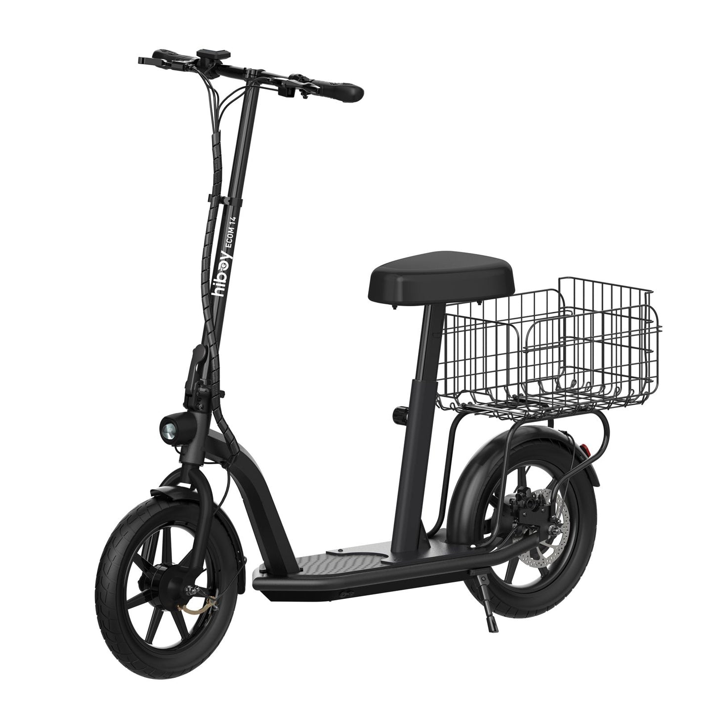 Black electric scooter with a basket on a white background