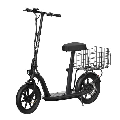 Black electric scooter with a basket on a white background