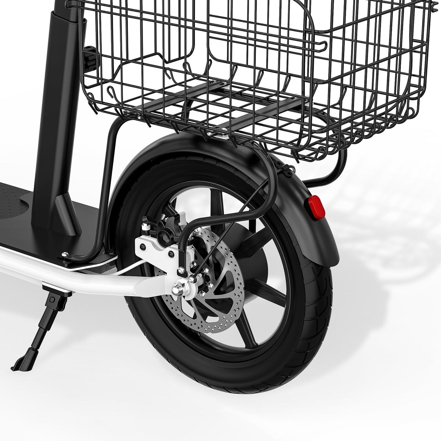 Close-up of a scooter with a black wire basket on a white background