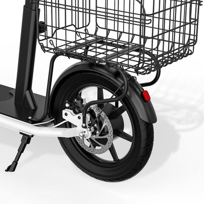 Close-up of a scooter with a black wire basket on a white background